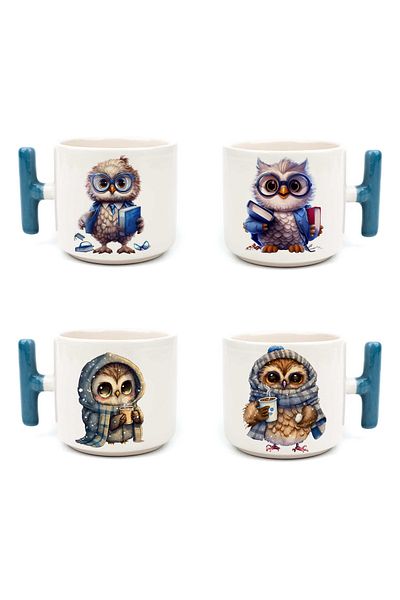 GünayStore SEVİM OWL PRINTED NESCAFE & LATTE COLOR CUP SET WITH HANDLE