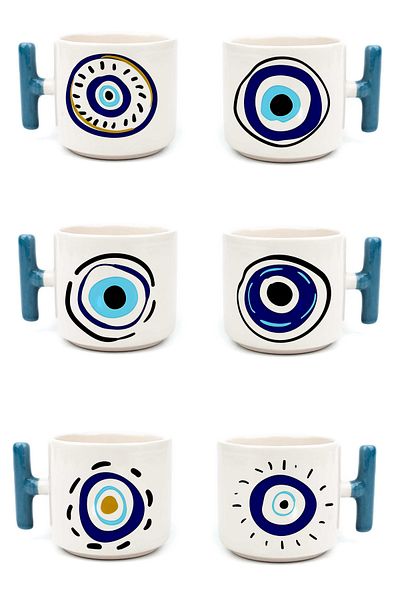 GünayStore EYE & EVIL THEME PRINTED NESCAFE & LATTE COLOR CUP SET WITH HANDLES