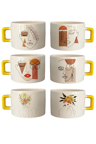 GünayStore DRAWING WOMEN PRINTED NESCAFE & LATTE COLOR SET OF 6 CUPS WITH HANDLES