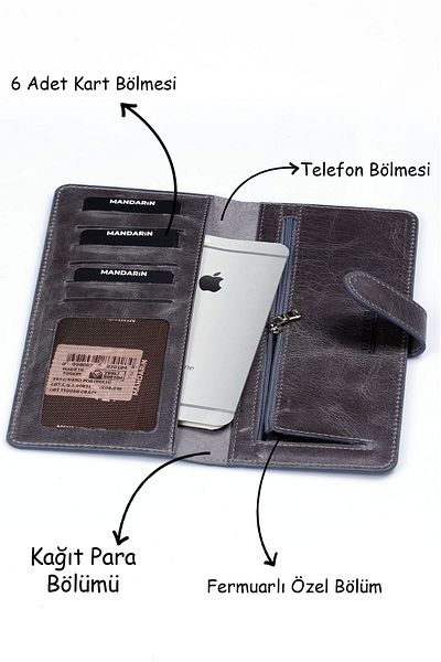 TESBİHCİBABA Mandarin| Anthracite Paris Men's Leather Wallet with Phone Compartment, Card Holder