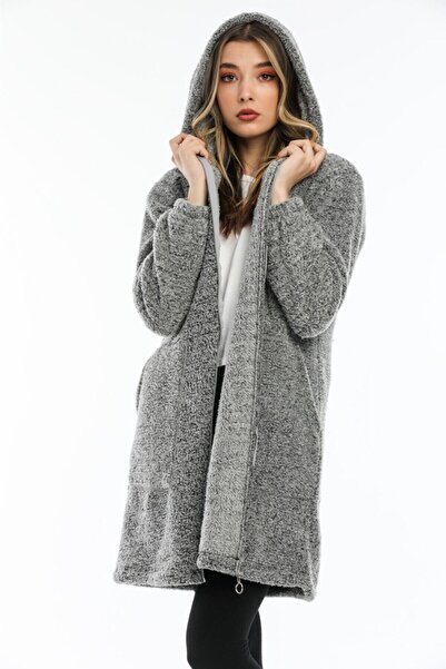 MODA UGS Γυναικεία ζακέτα φλις σε γκρι μακριά φερμουάρ