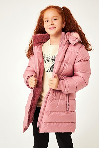 Perendi Κοριτσίστικο παλτό Dusty Rose με γούνινη κουκούλα