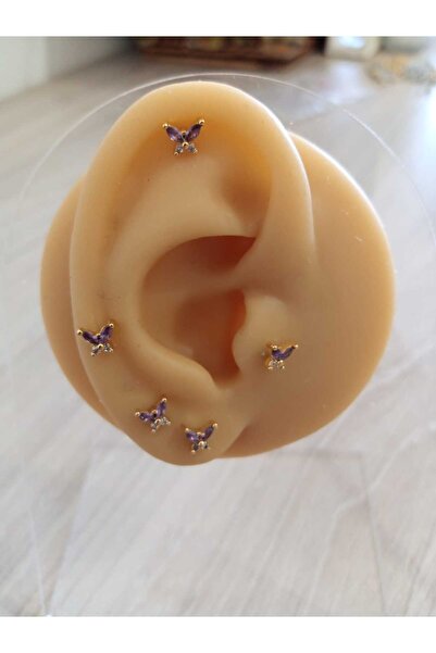 Piercing Work Shop Zirkon Taşlı Eflatun Kelebek Tragus, Helix piercing 6 mm 316L