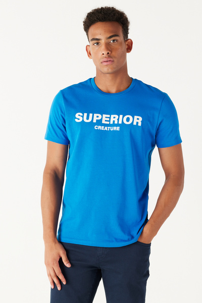 AC&Co / Altınyıldız Classics Men's Saks Blue Slim Fit Slim Fit Crew Neck 100% Cotton Slogan Printed T-Shirt
