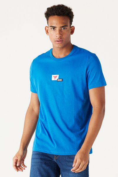 AC&Co / Altınyıldız Classics Men's Saks Blue Standard Fit Regular Cut Crew Neck 100% Cotton Logo T-Shirt