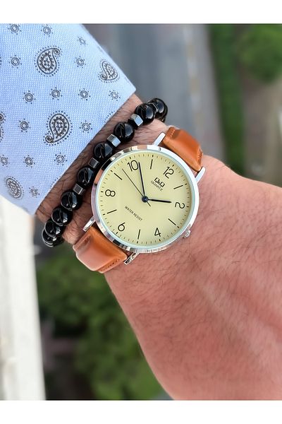 Q&Q Brand Retro Tan Color 24 months Warranty, Waterproof, Leather Strap Men's Wristwatch+Bracelet
