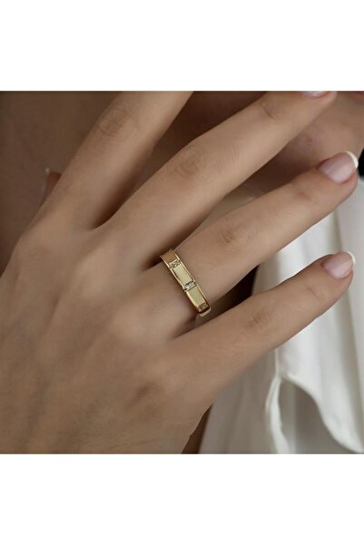 HEMS JEWELLERY Altın İkili Taşlı Kombinlenebilir Minimal Yüzük