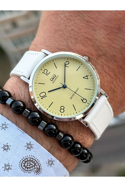 Q&Q Brand Retro White Color 24 months Warranty, Waterproof, Leather Strap Men's Wristwatch+Bracelet