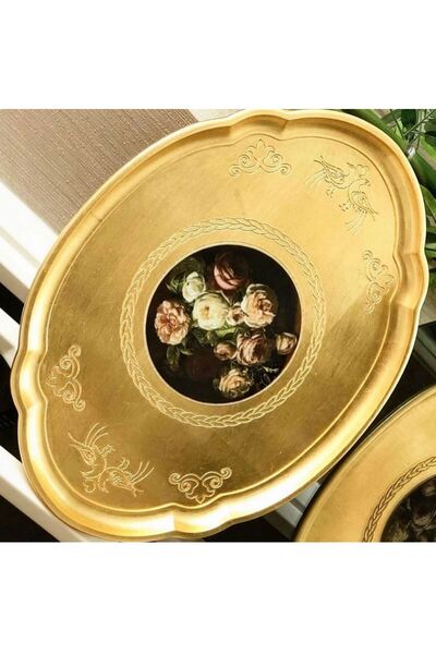 GaleriaHome Ahşap Oval Gold Gül Desen Sunum Servis Tepsisi 51x42