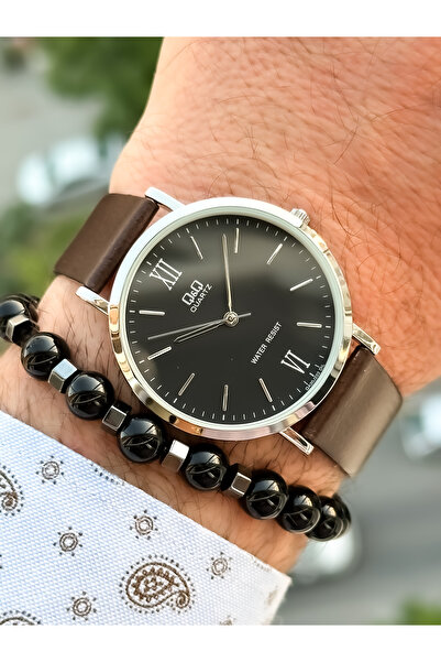 Q&Q Retro Kahverengi 24 ay Garantili,Su Geçirmez, Deri Kordon Erkek KolSaati+...