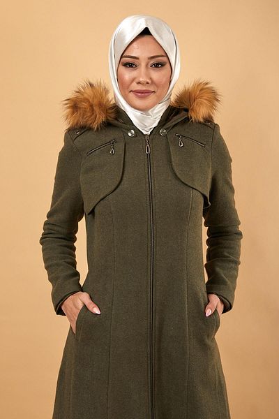 Modamihram Zippered Hooded Kachet Coat Khaki 12265