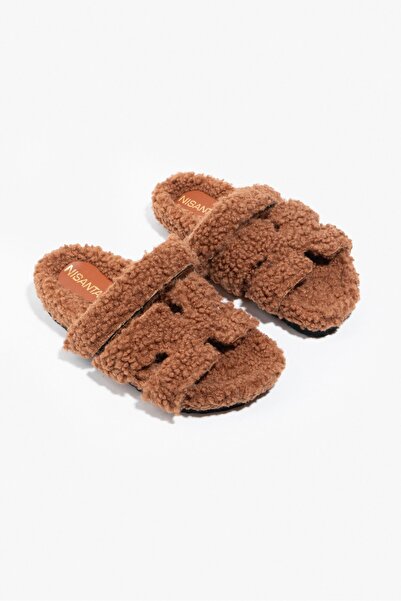 NİŞANTAŞI SHOES Zowie Taba Tüylü Düz Taban Kadın Terlik