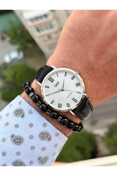 Q&Q Brand Retro Black 24 months Warranty, Waterproof, Leather Strap Men's Wristwatch+Bracelet