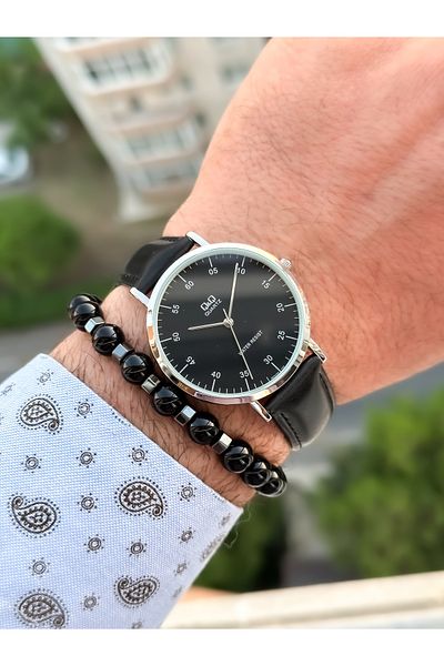 Q&Q Retro Black Color 24 months Warranty, Waterproof, Leather Strap Men's Wristwatch+Bracelet
