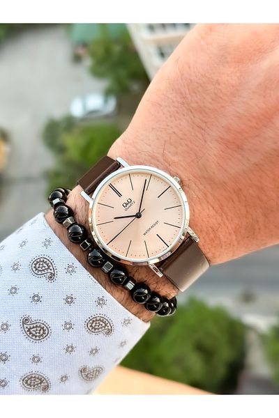 Q&Q Retro Brown 24 months Warranty, Waterproof, Leather Strap Men's Wristwatch + Bracelet