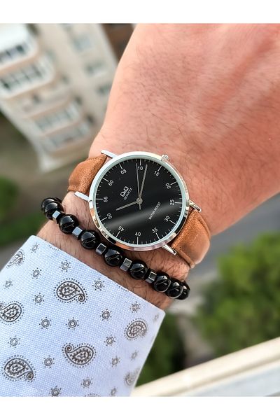 Q&Q Brand Retro Tan Color 24 months Warranty, Waterproof, Leather Strap Men's Wristwatch+Bracelet