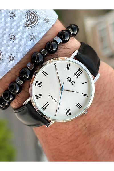 Q&Q Brand Retro Black 24 months Warranty, Waterproof, Leather Strap Men's Wristwatch+Bracelet