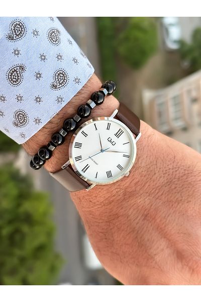 Q&Q Retro Brown 24 months Warranty, Waterproof, Leather Strap Men's Wristwatch + Bracelet