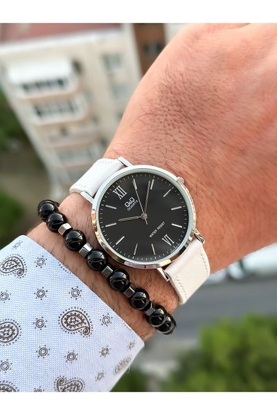 Q&Q Brand Retro White Color 24 months Warranty, Waterproof, Leather Strap Men's Wristwatch+Bracelet
