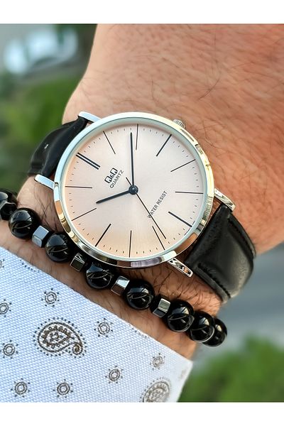 Q&Q Brand Retro Black Color 24 months Warranty, Waterproof, Leather Strap Men's Wristwatch+Bracelet