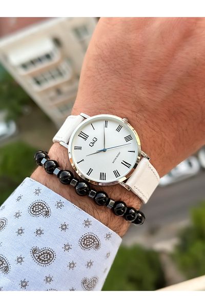 Q&Q Brand Retro White Color 24 months Warranty, Waterproof, Leather Strap Men's Wristwatch+Bracelet