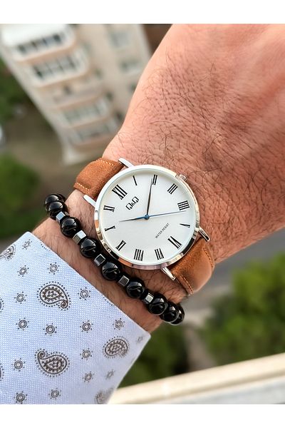 Q&Q Retro Tan Color, 24 months Warranty, Waterproof, Leather Strap Men's Wristwatch+Bracelet