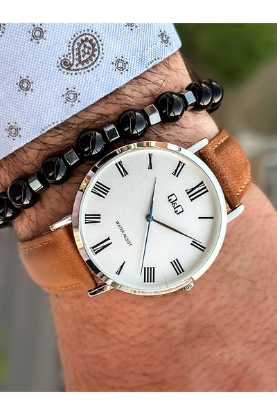 Q&Q Retro Tan Color, 24 months Warranty, Waterproof, Leather Strap Men's Wristwatch+Bracelet