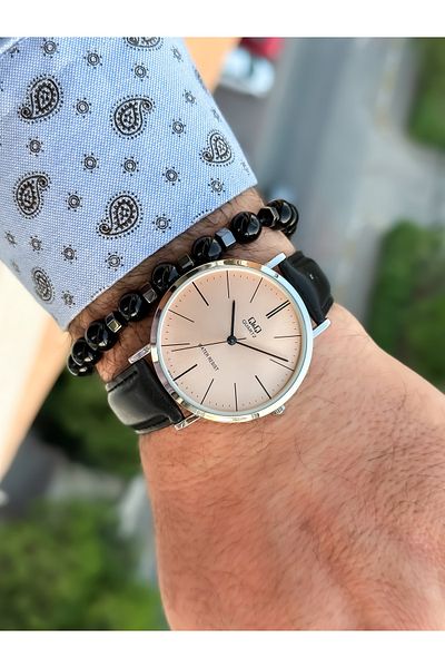 Q&Q Brand Retro Black Color 24 months Warranty, Waterproof, Leather Strap Men's Wristwatch+Bracelet