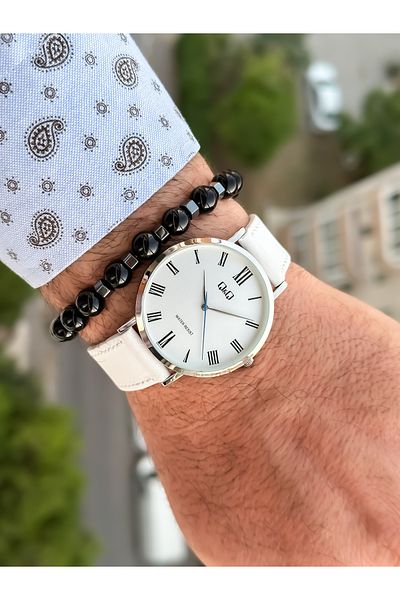 Q&Q Brand Retro White Color 24 months Warranty, Waterproof, Leather Strap Men's Wristwatch+Bracelet