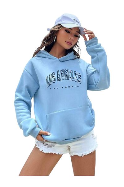 BENROMA Unisex Los Angeles Printed Blue Hooded Sweat