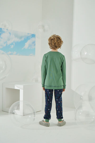 Sevim Момче, с тема самолет, зелен, 100% памучен пижамен комплект