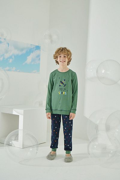 Sevim Costum de pijama pentru baieti, cu tematica avioanelor, verde, 100% bumbac