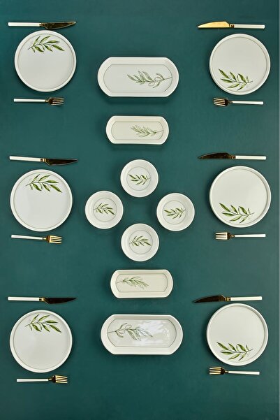 Erbaşlar Botanik Yeşil Kamelya Yaprak Desenli Lüx Seramik 14 Parça 6 Kişilik Kahvaltı Takımı, Seti