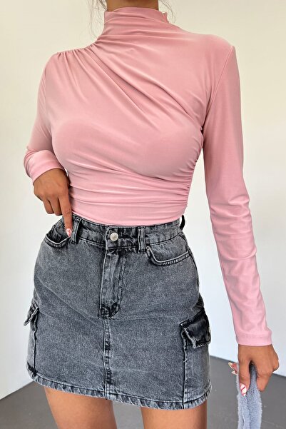 bayansepeti Esnek Sandy Kumaş Uzun Kollu Dik Yaka Omuz ve Yandan Büzgü Detayl...