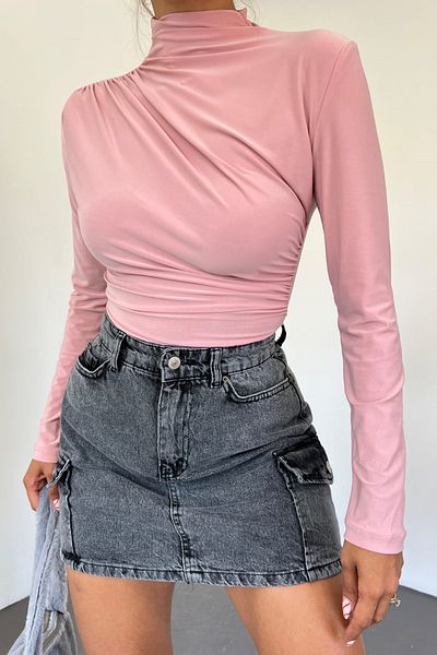 lovebox Women's Full Lycra Flexible Fabric Long Sleeve Shoulder Gathering Design High Collar Powder Women's Blouse 2000