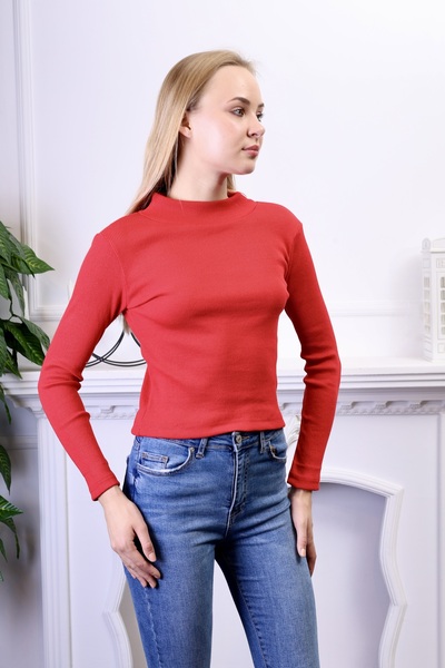 CATSPY Women's Red Fitted High Collar Long Sleeve Ribbed Stretchy Knitted Blouse
