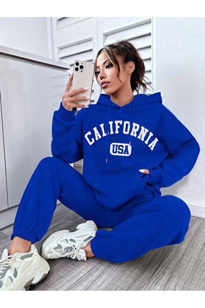 MODARİCH California USA Hooded Combination Bottom Top Tracksuit Set - Sax Blu...