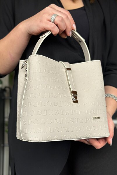 s3 Medium JP Embossed Women's 4 Compartment Shoulder Bag with Lock Detail 4002 Stone