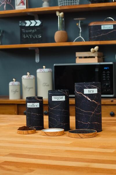 Hayveys Set of 3 Black Marble Patterned Metal Tea Coffee Sugar Storage Container Jar