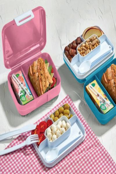Bayev 2 Pieces Pink Compartment Lockable Lunch Box and Spoon Set Cookie Bread School Storage Container