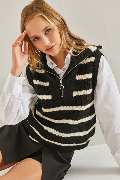 Bianco Lucci Gestreifter Pullover mit Rollkragen und Reißverschluss für Damen