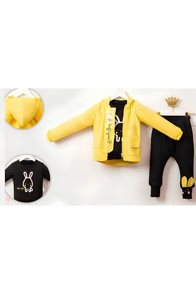 Hippıl Baby Bunny Girl Girl's 3-Piece Set-size Embroidery Sweat, Ribbed Bottom and Windbreaker Type Coat Jacket