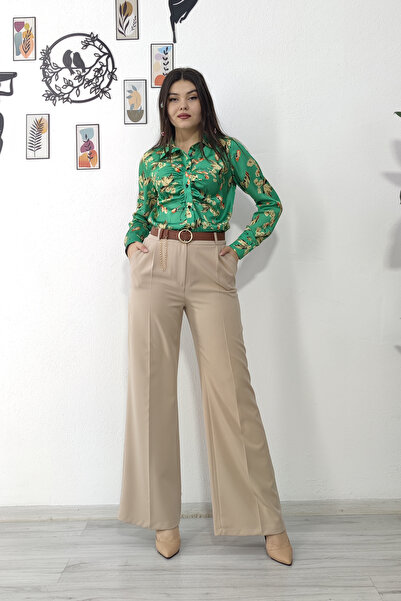 MissVina Πλισέ παντελόνι με φαρδιά πόδια με λεπτομέρεια αλυσίδας και ζώνη