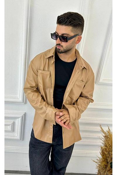 elkumoda Πουκάμισο Oversize Δερμάτινο Πουκάμισο Διπλής Τσέπης Δερμάτινο Πουκάμισο Τύπου Σακάκι