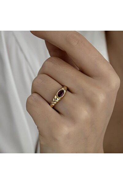 HEMS JEWELLERY Altın Taşlı Burgulu Kubbe Yüzük Kırmızı