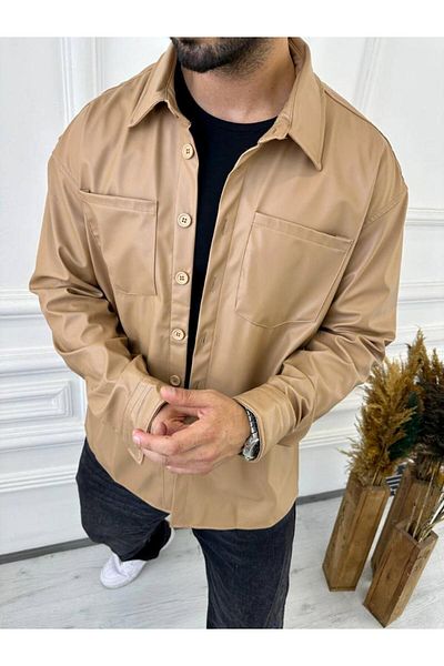 elkumoda Πουκάμισο Oversize Δερμάτινο Πουκάμισο Διπλής Τσέπης Δερμάτινο Πουκάμισο Τύπου Σακάκι