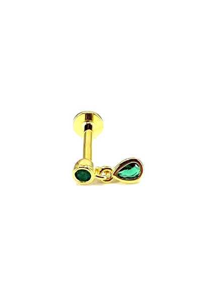 La femme by begum Yeşil Taşlı Tektaş Damla Sallantılı Önden Döndürmeli Gold 925 Ayar Gümüş Piercing ,Helix,Flat,Tragus