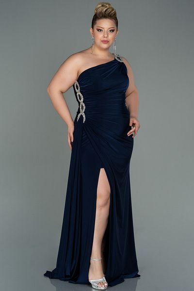 Abiyefon Navy Blue One Shoulder Slit Long Plus Size Evening Dress ABU3132