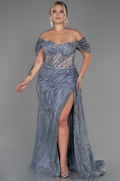 Abiyefon Silver Boat Neck Slit Long Glitter Plus Size Evening Dress ABU3097