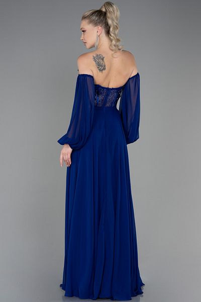 Abiyefon Saks Blue Strapless Underwire Corset Slit Chiffon Evening Dress ABU3265